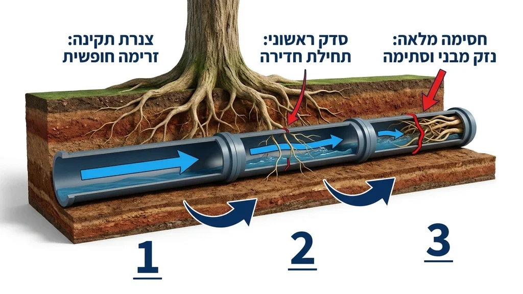 אילוסטרציה של שורשי עצים החודרים דרך סדקים לצנרת ביוב תת קרקעית