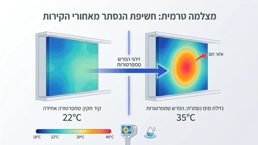 מסך של מצלמה טרמית המציג נזילת מים נסתרת בקיר