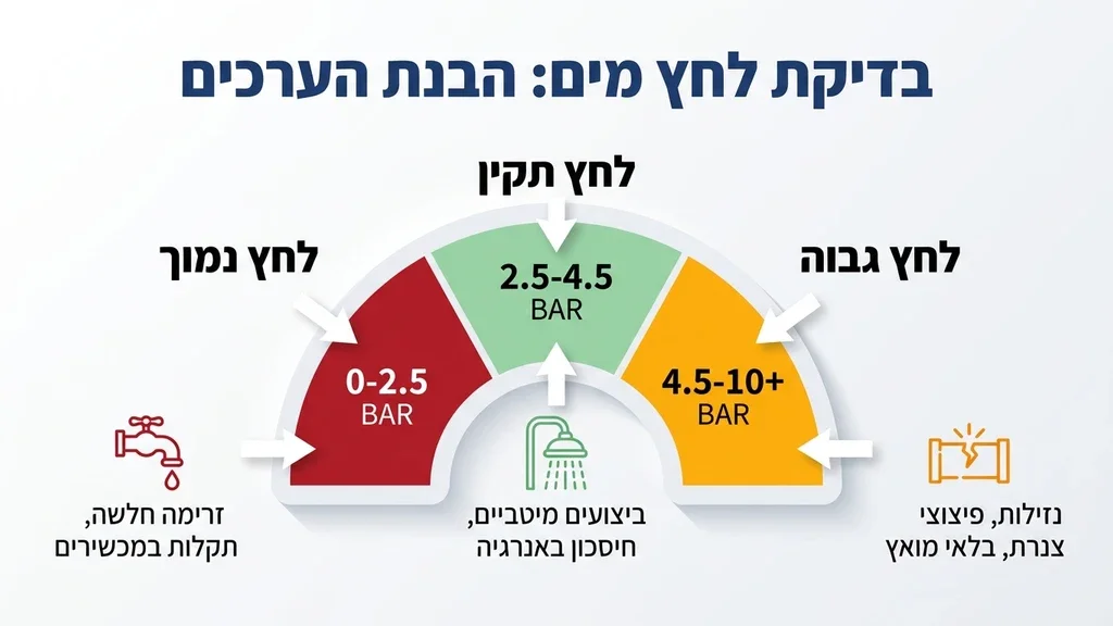 מד לחץ מים אנלוגי מחובר לצנרת ביתית במהלך בדיקת אטימות