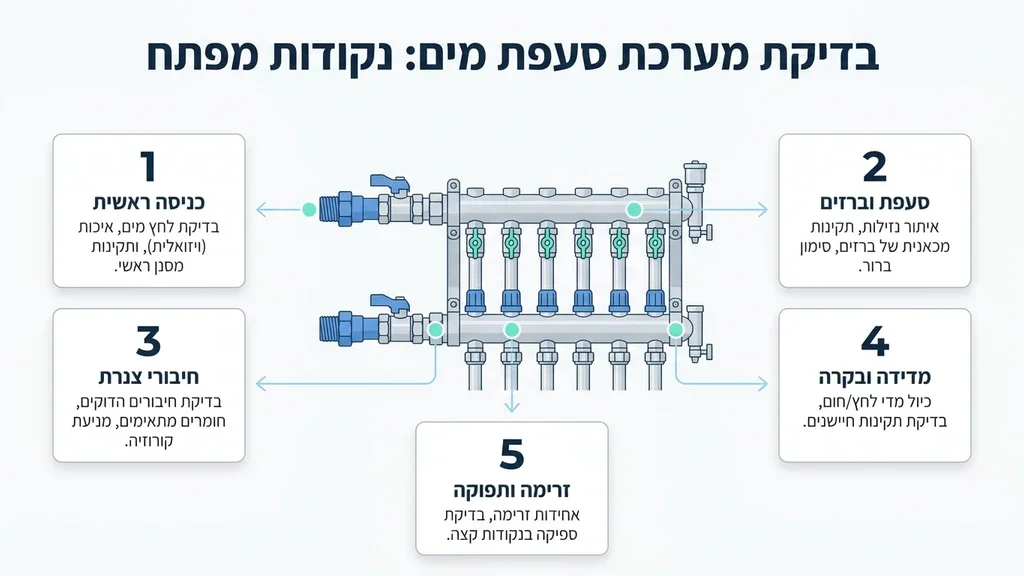 אינסטלטור מקצועי בוחן את מערכת המים המרכזית ומרכזיית המים בדירה