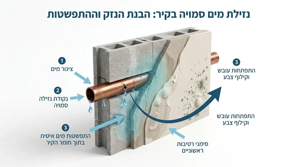 המחשה של מים מחלחלים מאחורי קיר בטון