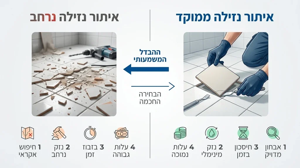 אינסטלטור מומחה מסיר בזהירות אריח קרמיקה בודד לצורך תיקון ממוקד