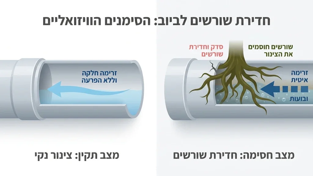 צילום פנים של צינור ביוב החסום על ידי צמחייה סבוכה המונעת מעבר מים