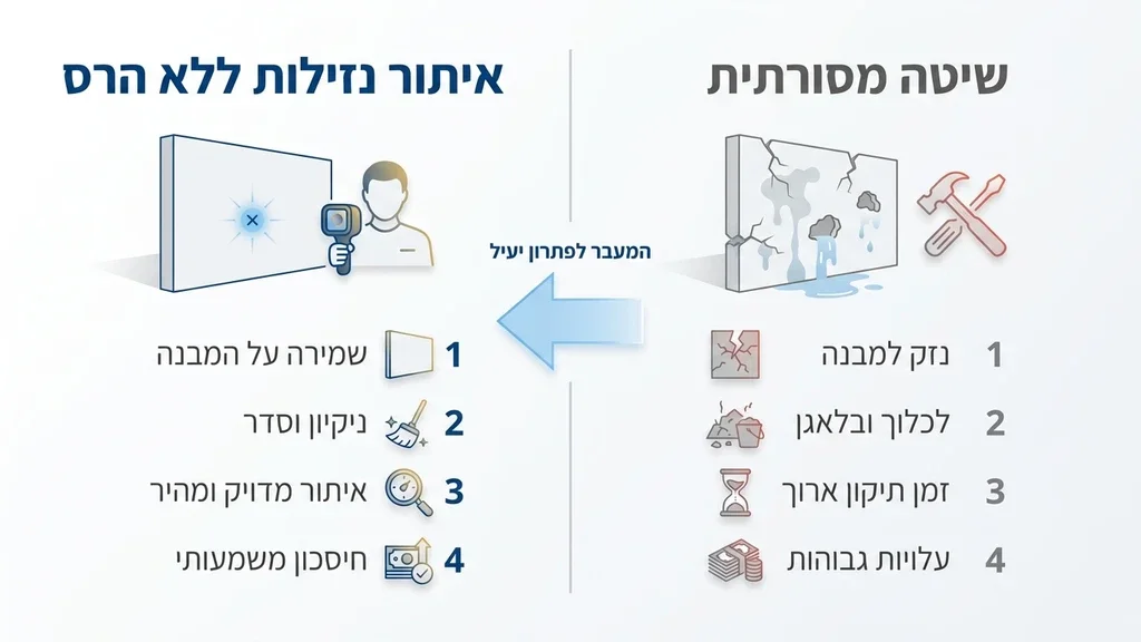 אינסטלטור מומחה מבצע איתור נזילות ללא הרס באמצעות מצלמה תרמית מתקדמת