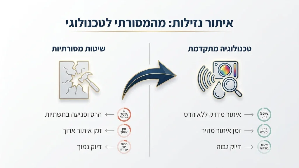ציוד טכנולוגי מתקדם לאיתור נזילות מים ללא הרס הכולל חיישני גז ומערכות שמע